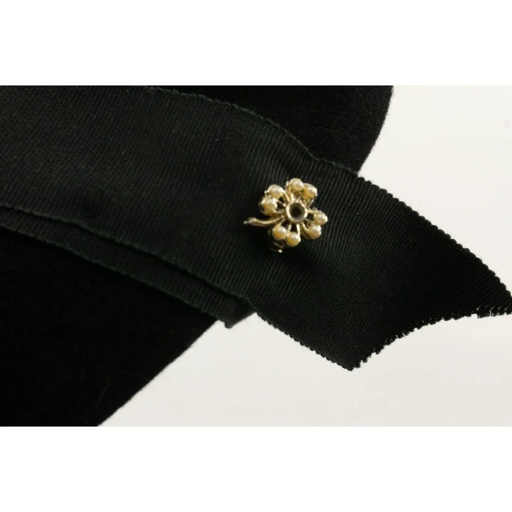 Vintage Glenover Felt Wool Beret Cap Henry Pollak Tat Gem Floral Pin Black
